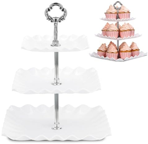 Cake Stand 3 Tier - 2 Pack Afternoon Tea Stand, 34cm Plastic Reusable Tiered Cupcake Display Stand, Large Square 3-Tier Dessert Holding Tower for Birthday Wedding Party Food Serving Platter, White