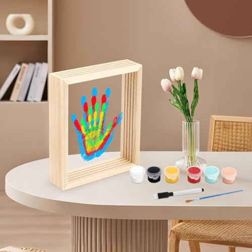 Tapvai Set di impronte a mano, con spazio per 4, cornici per foto fai da te in legno, con 6 colori acrilici, per genitori incinte e freschi