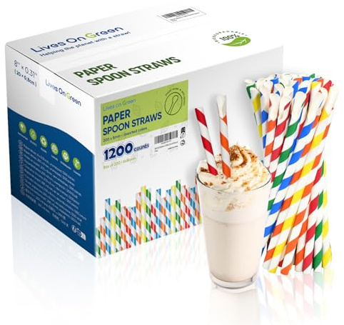 Lives on Green färgglada remsor av papper spade, engångssugrör av papper med sked, 20,0 x 0,8 cm – för sllushy, smoothie, milkshake, frysta drycker, 1 200 stycken