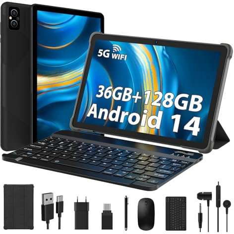 MIXLURE Android 14 10 Zoll Tablet, 5G WiFi, 36G RAM+128G ROM (1TB TF), 1280 * 800 HD//Octa-Core 2.0Ghz/8000mAh/5MP + 8MP Kamera mit Gehäuse, Tastatur, Maus, Schwarz