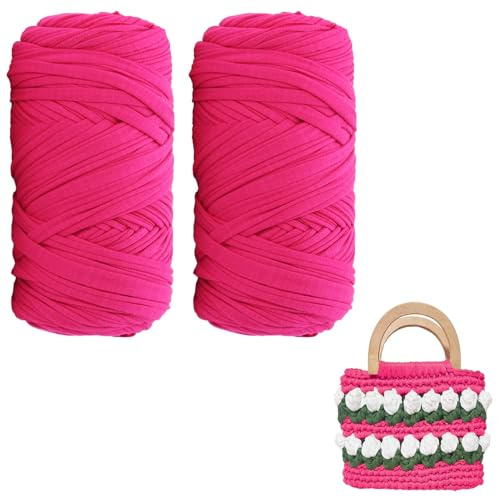 MeYuxg Lot de 2 pelotes de fil pour t-shirt, 200 g/75 m, pour crochet, pour débutants, pour sacs à crochet, paniers, tapis, projets de bricolage, artisanat (rouge rose)