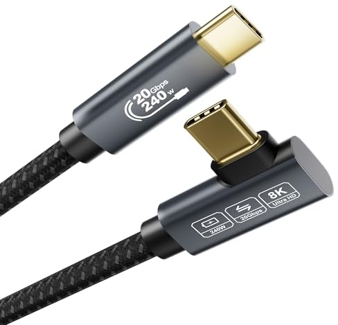 EUDOBEL Cable USB C 3m (câble de données USBC 3.2 20Gbps, PD3.1 240W, coudé 90 degrés) Vidéo 4K@144Hz/ 60Hz, 8K@30Hz Câble USB C Display pour moniteur, Thunderbolt 4/3, MacBook, iPad Pro, Switch, VR