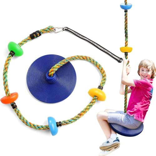 Ausbond columpio con cuerda de escalada, columpio infantil para exteriores con asiento, longitud de cuerda ajustable, capacidad de carga hasta 200 kg para jardín, parque, área de juegos (Azul)