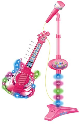 Kids Electric Guitar and Microphone Set - Musical Instrument Pack, Performance Kit with Adjustable Stand, Lighted Guitar with Microphone | Kids Boys Entertainment Att