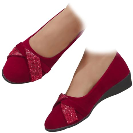 Scarpe da donna leggere con zeppa ortopedica con strass scintillanti glitterate senza lacci casual punta rotonda ballerina con fiocco, Rosso, 36.5 EU