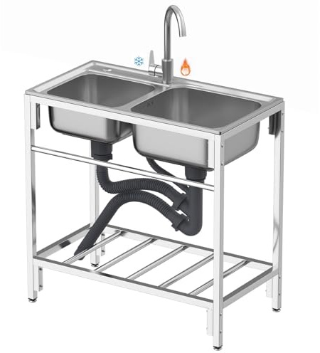 Fregadero de cocina comercial de doble tazón de acero inoxidable con calor y frío, perfecto para restaurantes, cafeterías y servicios de catering