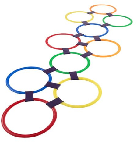 HEY! PLAY! Hopscotch Rings Game - Ten 11-Inch Plastic Rings and 15 Connectors for Indoor and Outdoor Use - Play Set for Girls and Boys (Multicolored)