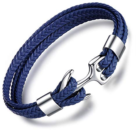 Unendlich U Bracciale in pelle intrecciata multistrato con ancora retrò in acciaio inox, bracciale da uomo, regalo di Natale compleanno, One Size, acciaio inox argento