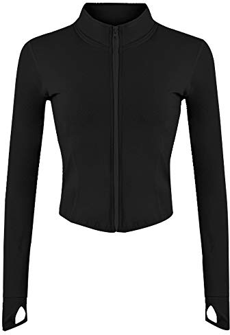 Gihuo Women's Athletic Full Zip Lightweight Workout Jacket Cropped Gym Yoga Track Jacket with Thumb Holes(Black-S)