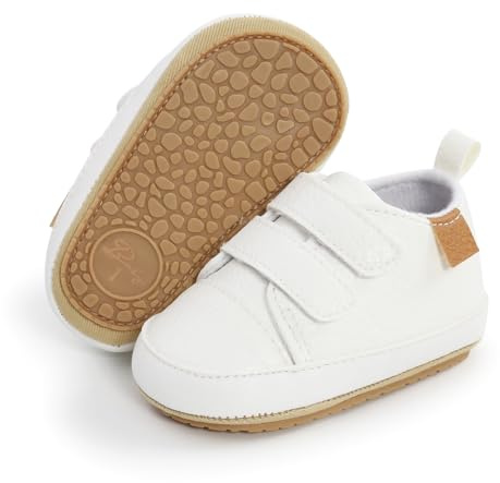 SOFMUO Baby Boys Girls High Top Ankle Leather Sneakers Soft Rubber Sole Infant Moccasins Newborn Oxford Loafers Anti-Slip Toddler Wedding Uniform Dress Shoes(A01/White,12-18 Months)