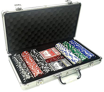 EUROXANTY Poker-Koffer, 300 Teile, Poker-Set mit 2 Decks und Würfeln, verstärkter Aluminiumkoffer, Casino-Karten ohne Nummerierung, professionelles Set