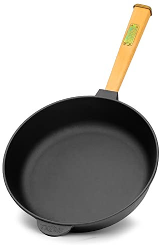 Gusseisenpfanne 28 cm Gußeisenpfanne 55 mm hoch mit Holzgriff Pfanne aus Gusseisen Induktion Gusseiserne Bratpfanne geeignet für Gasgrill, Backofen, Feuerstelle und alle Herdarten inkl. Induktion