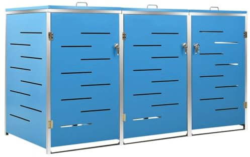 vidaXL Triple Wheelie Bin Shed with Lock - Sturdy and Anti-Rust - Galvanised Steel and Stainless Steel - Stylish Garden Addition - Sky Blue