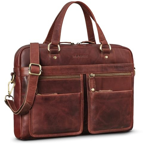 ROYALZ San Francisco flache Ledertasche Herren Echtleder Mittel-Groß – 13-14 Zoll Laptoptasche Leder - perfekt als Aktentasche Bürotasche Businesstasche;Farbe:Roma Cognac Braun