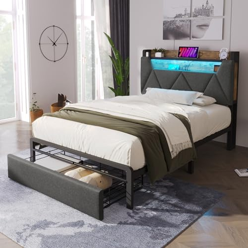 Rtopsu Letto Imbottito Letto Singolo 90x200 cm con Illuminazione LED e USB Type C, Letti per Bambini con Contenitore Testata e Cassetti, Letti per Ragazzi con Metallo Doghe, Grigio, Senza Materasso