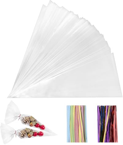 200 Pièces Sachet Bonbon, 25x13cm Sachet Plastique Transparent Sacs Cellophane avec 200 Rubans Métalliques Pour Bonbons, Biscuits, Pain, Fruits, Etc. Parfaits Pour Les Fêtes De Cadeaux
