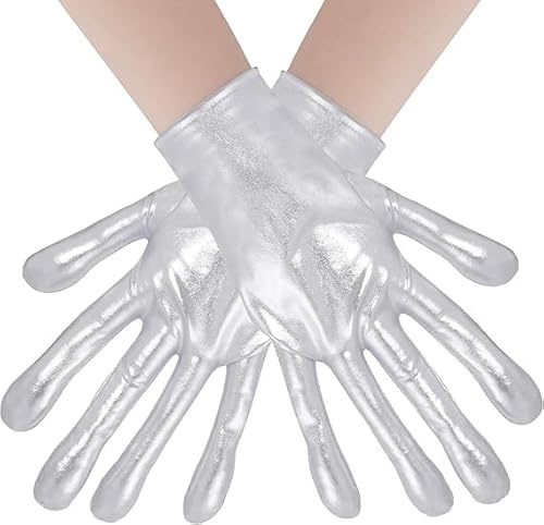Gant Argent Gants Courts, Gant en Argent Gant de Soirée Gants Habillé avec Éclat Métallique, Gants Femme Cuir Gant Cuir Court Homme, Gants En Cuir Verni pour Opéra Carnaval Cosplay Soirées à Thème