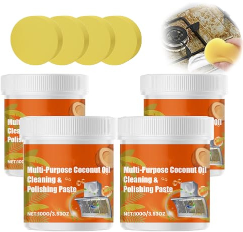 Pasta multiuso per pulizia e lucidatura all'olio di cocco, potente detergente per olio di cocco, pasta detergente per pentole, pasta detergente per rubinetto, lavabo, piastrelle (4 pezzi)