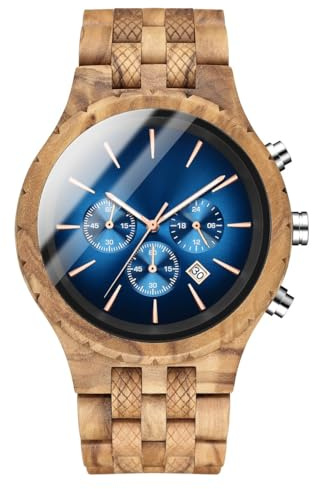 Wooden Watch for Men Women, Stylish Chronograph Military Casual Calendar Wood Watches (A- Olive Wood)