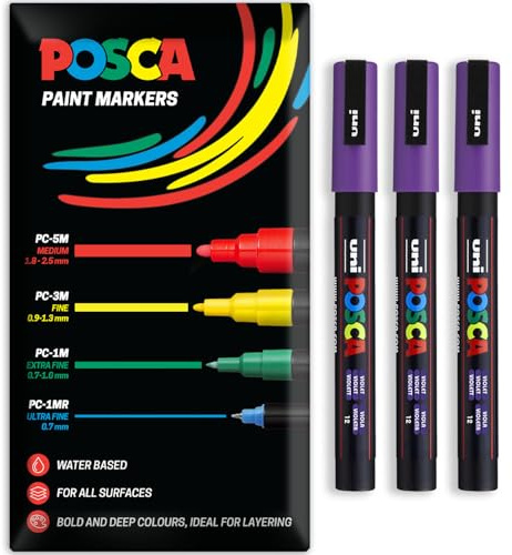 Posca - Pennarello indelebile a base d'acqua – uso multi superficie – PC-3M – Confezione da 3 penne a portafoglio (Viola)
