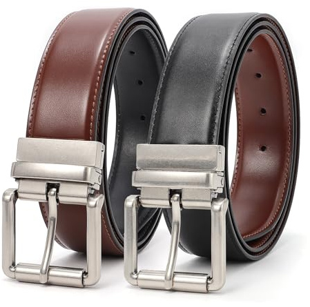 LEACOOLKEY Wendbarer Ledergürtel für Herren, Arbeit und Freizeit, 2-in-1-Gürtel mit drehbarer Schnalle, doppelseitig, Herren-Kleidergürtel, D-Schwarz + Braun, 1 Gürtel, 2 Seiten, 55,fit waist 44-48