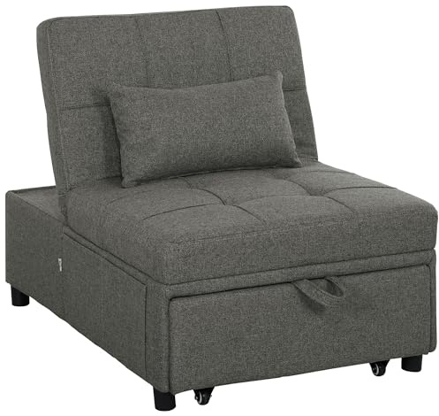 HOMCOM 4-in-1 Sofa Bed, Convertible Sleeper Chair Bed with Adjustable Backrest, Fabric Pull Out Chaise Lounge with Pockets for Living Room, Bedroom, Home Office, Small Space, Charcoal Grey