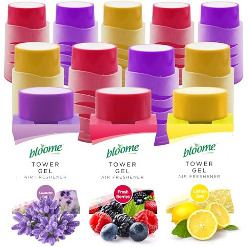 Bloome 12pk Tower Gel Air Freshener - Lavender Fields, Fresh Berries and Lemon Zest, Fresh Scent for Every Space, Easy-to-Use Odour Eliminator Room Deodoriser & Long-Lasting Bathroom Air Freshener Gel