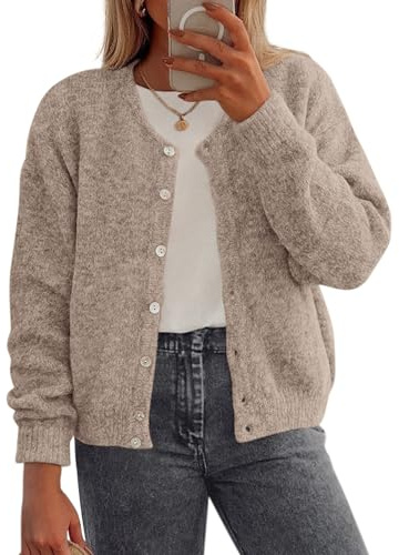 PRETTYGARDEN Fall Long Sleeve Cardigans for Women Trendy 2026 Lightweight Button Down Crewneck Loose Knit Sweater Clothes (Light Khaki,X-Large)