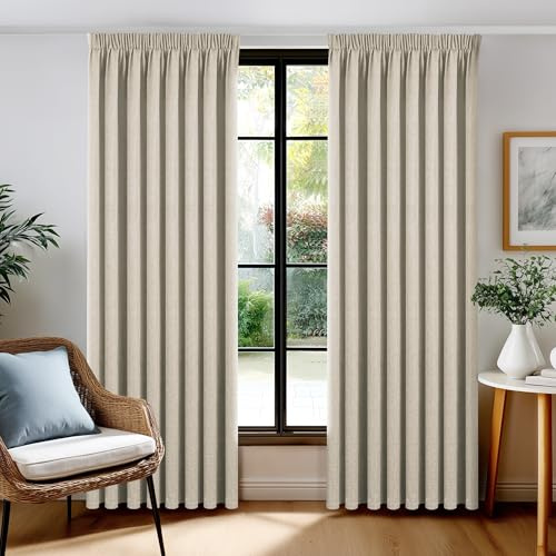 Deconovo Cortinas Opacas 100% Térmicas Efecto Lino con Cinta Fruncidora, Juego de 2 Paneles 140x245 cm, Beige – Aislantes Frío y Calor para Salón y Dormitorio