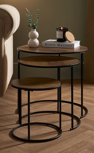 OHS Nest of Tables Set of 3, Stacking Side Tables Living Room Wooden Stylish Decorative Coffee Table Sturdy Metal Frame Easy Assembly Round End Table, Dark Wood