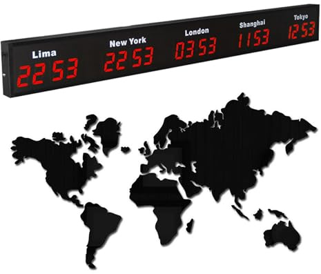 Large Digital LED World Clock, 3/4/5 Multi Time Zone World Clock with Customizable Cities, HD Display, Indoor Wall Mounted Electronic Clocks for Hotel Multinational Enterprises(Red,5)