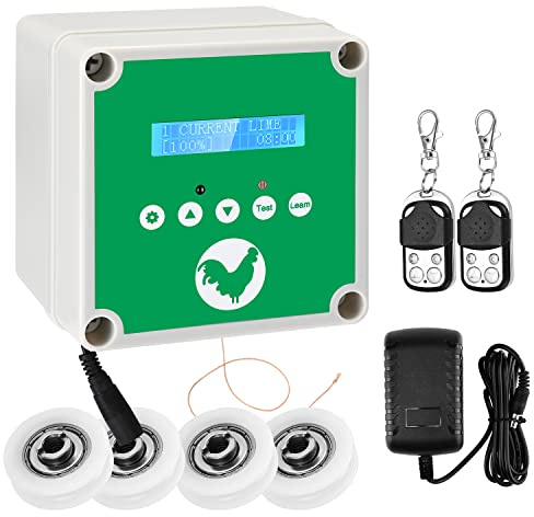 Jradse Abrepuertas Automático para Gallinero con Temporizador & 2 Mandos a Distancia, Sistema de Elevación de Puerta para Aves IP65 Impermeable Alimentado por Batería o Solar