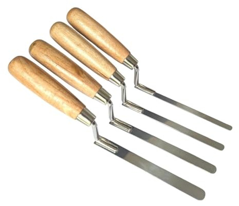4 x Stainless Steel Finger Pointing Trowel Set - Flat Stiff Tuck Tools in 8mm, 10mm, 12mm & 14mm Sizes with Wooden Handle – Durable Bricklaying, Grouting & Masonry Tools (4SFTC)