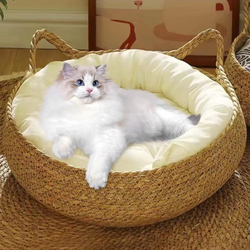Obelunrp Lits tissés pour Chats d'intérieur, Panier Rond en Paille tissée de 17 Pouces avec Coussin, Lits pour Chatons Anti-Rayures pour Chats de Petite, Moyenne et Taille