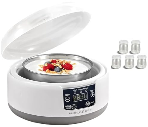15w helautomatisk multifunktionsyoghurtmaskin, probiotisk yoghurtmaskin med LED-skärm och timer, justerbar tid och temperatur, med 5 burkar, perfekt för att göra yoghurt、Natto、Risvin