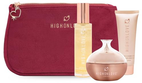 High On Love Winter Wellness Bundle - $180 Value - Dry Body Oil, Soft Touch Hand Cream, Body Butter & Red Bag - Hydrating Skin Care for Dry, Winter Weather (Vegan, Cruelty Free)