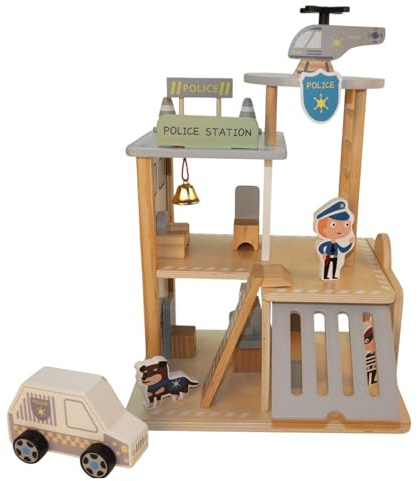 Station de police en bois pour enfants - Garde de police à 3 étages avec figurines, voiture de police, hélicoptère et accessoires, jeu de rôle à partir de 3 ans
