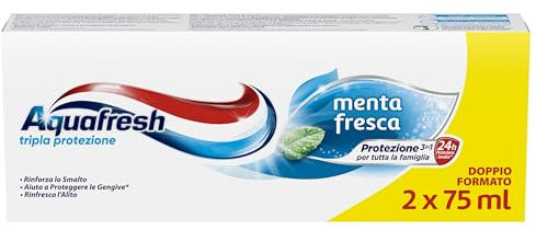 Aquafresh Tripla Protezione, Dentifricio 3 in 1 per tutta la Famiglia, Denti Forti, Gengive Sane, Alito Fresco, Gusto Menta Fresca, pacco da 2 x 75ml
