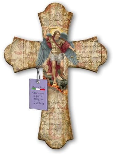 Fratelli Bonella Crucifix mural en bois vintage représentant l’Archange Michel, 17 x 24 cm, fabriqué en Italie