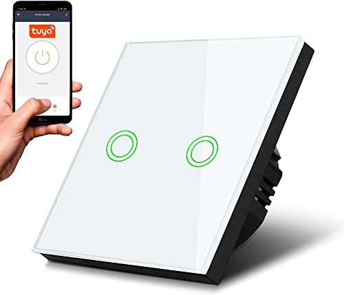 Maclean MCE714W Smart WiFi 2-Fach Touch Lichtschalter Kompatibel mit Tuya APP Wandschalter Glas Schalter mit Farbwechsel LED Hintergrundbeleuchtung Einbauschalter 85x85mm (2-Fach Rund, Weiß)