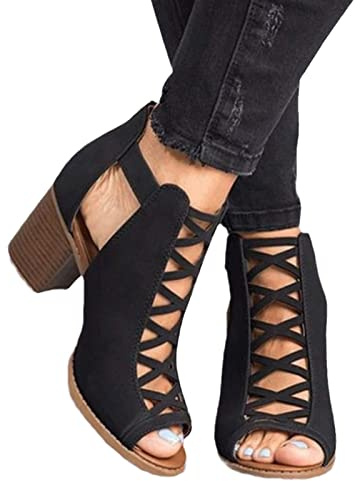 MIYYO Eleganti Sandali con Tacco Largo Sandals alla Moda da Donna Stivaletti Spuntati Estivi con Cerniera Scarpa Casual Traspirante da Donna (Color : Black, Size : 36 EU)