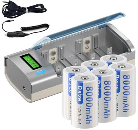 Mspalocell Battery D Batería con Pantalla de Cargador de batería Universal, 6 Piezas 8000 mAh, baterías D Recargables con Cargador rápido LCD para baterías AA/AAA/C/D NIMH