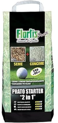 Flortis Starter 2in1. Kit sementi per prato e concime prato. Semi erba prato e concime prato primavera. Semi prato resistente e calpestabile. Semi per prato germinazione rapida, poca acqua. Fino 90m²