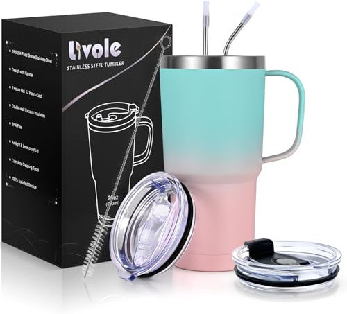 Livole 20oz Travel Mug with Handle, 600ml Insulated Tumbler with Straw and 2 Lids, Double Walled Vacuum Water Cup Bottle, Stainless Steel Thermal Travel Coffee Mugs for Cold Drinks, Blue and Pink