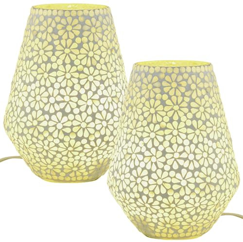 Marrakesch 2er Set Boho Deko Tischlampe Nachttischlampe 24cm groß | Deko Aesthetic Tischleuchte Lampe im Wohnzimmer Schlafzimmer & Kinderzimmer | Tischleuchte Fikus -1- aus Mosaik E27 Lampenfassung