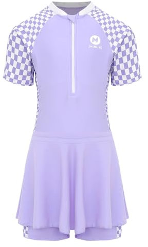 Aiihoo Mädchen Badeanzug Zweiteiler Kurzarm Neoprenanzug mit Rock Badekleid Schwimmanzug Tauchanzug Badebekleidung Violett 152-158