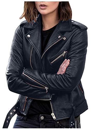 Mymyguoe Giacca in pelle da donna, nera, da motociclista, da donna, in similpelle, oversize, elegante, con cerniera, in similpelle, da donna, da motociclista, Blu marino, XXXL
