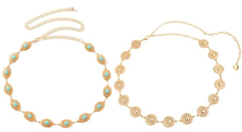 DKDDSSS - 2 Piezas Cinturón Dorado para Mujer, Ideal para Fiestas, Cadena para Cinturón Incluida