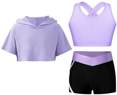 Linjinx Enfant Fille Ensemble Patinage Artistique Justaucorps Gymnastique Manches Courtes Sweat à Capuche + Brassière Sport + Short de Danse Yoga Sportswear 5-16 ans Une lavande 7-8 ans