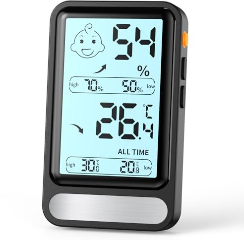 Mini Termómetro Digital Higrómetro Medidor de Temperatura y Humedad en Interiores Pantalla LCD Grande con Retroiluminación MIN/MAX Registros Termómetro de Ambiente para Salón Invernadero (Negro)